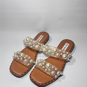 Steve Madden Tan Pearl-Embellished Slide Sandals